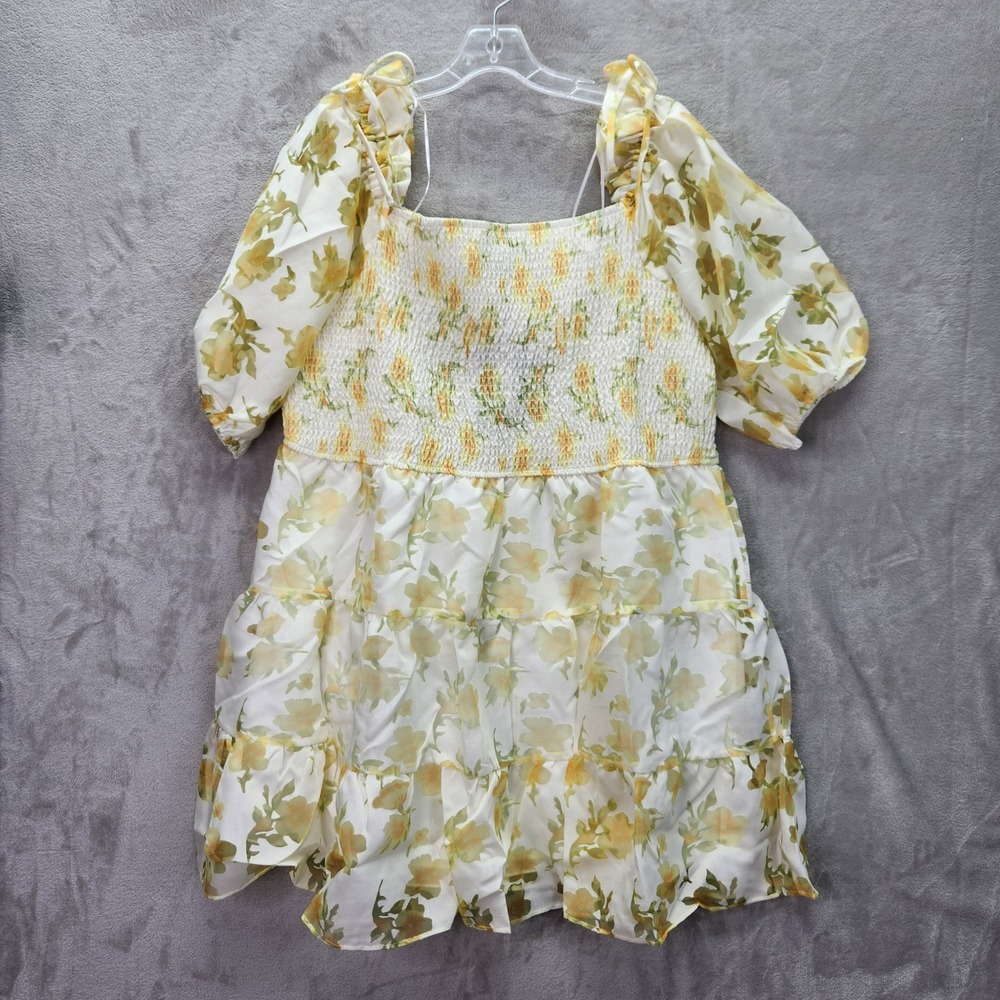 Layered With Love Dress Womens 2X Yellow Fade Floral Square Neck Tiered Jacquard - Picture 3 of 11